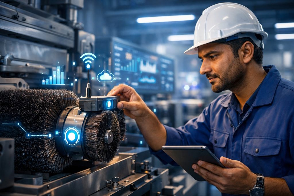 Sustainable industrial brushes displayed in modern eco-friendly manufacturing facility with industrial brush supplier quality standards