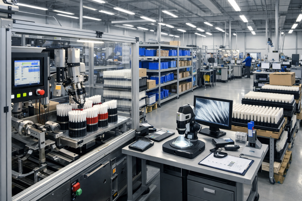 Industrial brush supplier manufacturing facility with quality control systems and organised production line