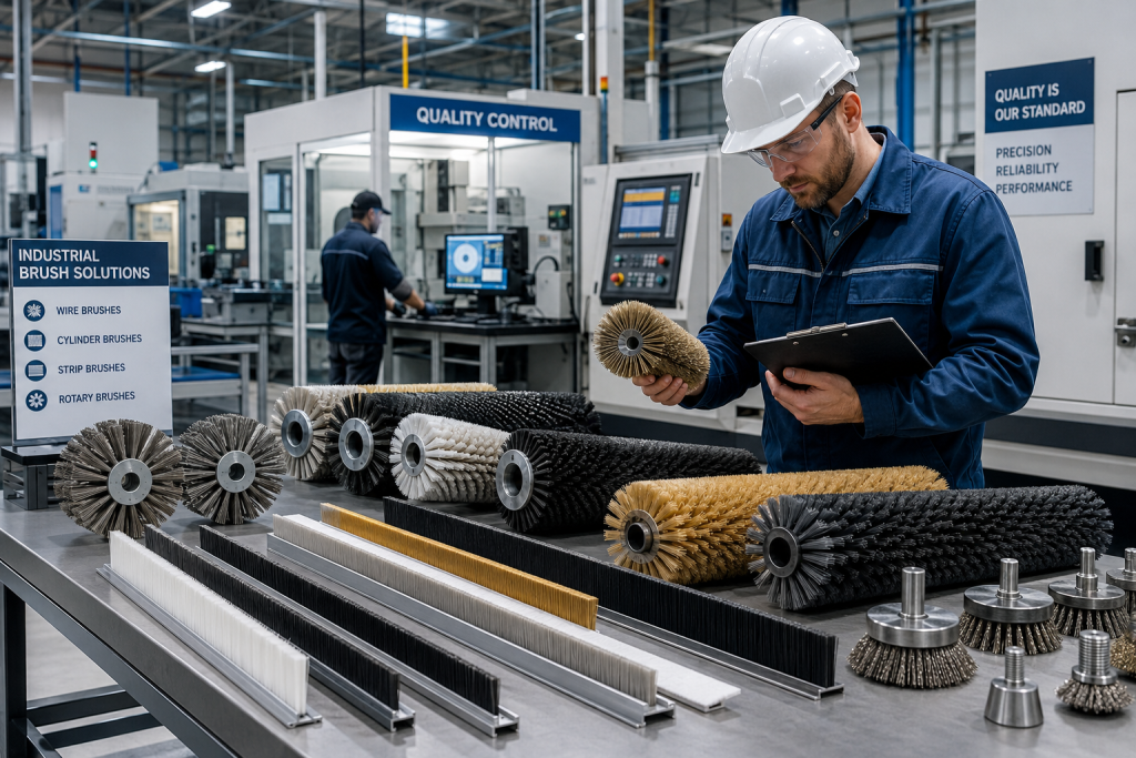 Industrial brush supplier manufacturing facility showing quality control inspection of various industrial brushes including wire and cylinder brushes
