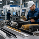 Industrial brush supplier manufacturing facility showing quality control inspection of various industrial brushes including wire and cylinder brushes